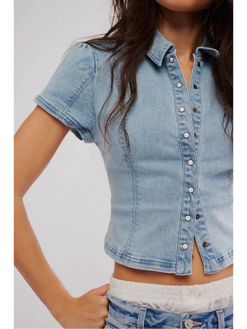 Free People Western Bohemian Pearl Snap Midnight Rider Denim Baby Shirt XS - Picture 4 of 12